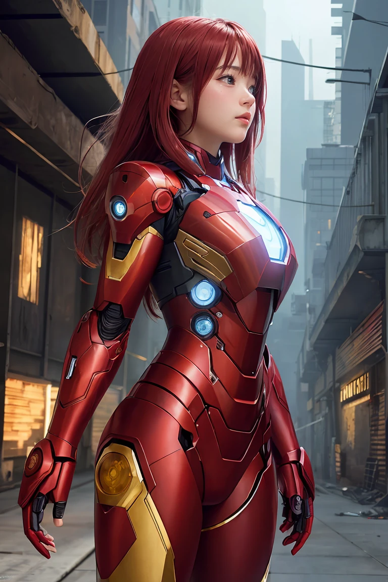 (1girl:1.3), solo,__body-parts__, official art, unity 8k wallpaper, ultra detailed, beautiful and aesthetic, beautiful, masterpiece, best quality, RAW, masterpiece, super fine photo,, best quality, super high Resolution, photorealistic, sunlight, full body portrait, stunningly beautiful,, dynamic pose, delicate face, vibrant eyes, (side view), she is wearing a futuristic Iron Man mech, red and gold, Highly detailed abandoned warehouse background, detailed face, detailed complex busy background, messy, gorgeous, milky, high detailed skin, realistic skin details, visible pores, sharp focus, volumetric fog, 8k uhd, dslr camera, High quality, film grain, fair skin, photorealism, lomography, sprawling metropolis in a futuristic dystopia, view from below, translucent