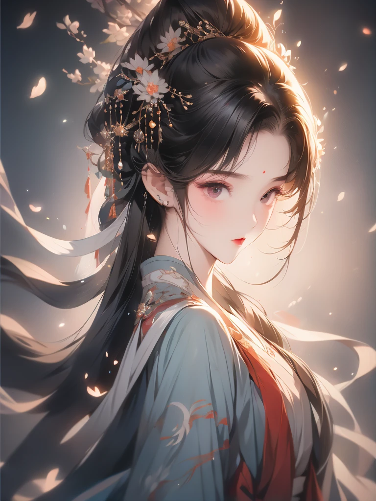 20 years old,chinese girl,hanfu,front view,delicate face,detailed face,character protraitbest quality,smileys,ultra-detial,photography,hairglow,cinematic lighting --niji5-s250-ar3:4