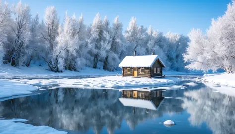 a small snow-covered cabin in a snowy landscape, frozen river, reflections on the water, minimalist, 4k, highly detailed, photor...