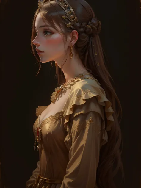 A painting of a woman in a brown dress with a tiara, Renaissance style, Renaissance style, European woman portrait, Renaissance ...