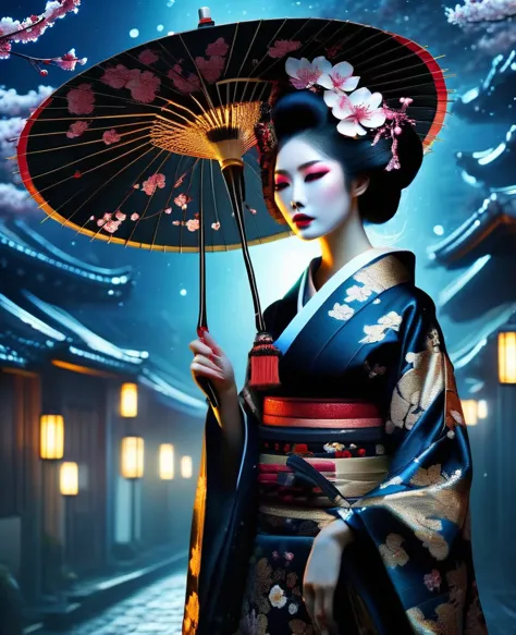 Gothic aesthetics，Gothic aesthetics，(A geisha stands gracefully under a cherry blossom,Cherry Blossom Festival Oiran, Red cherry...