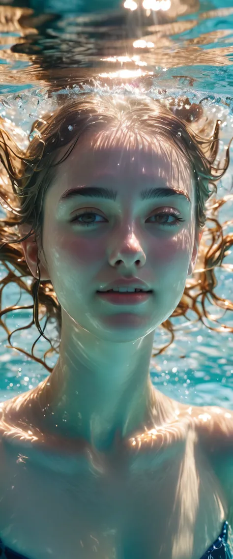 Beautiful girl soaks in pool to cool off during June heat wave，(Close-up of whole head submerged in water.The moment of jumping ...