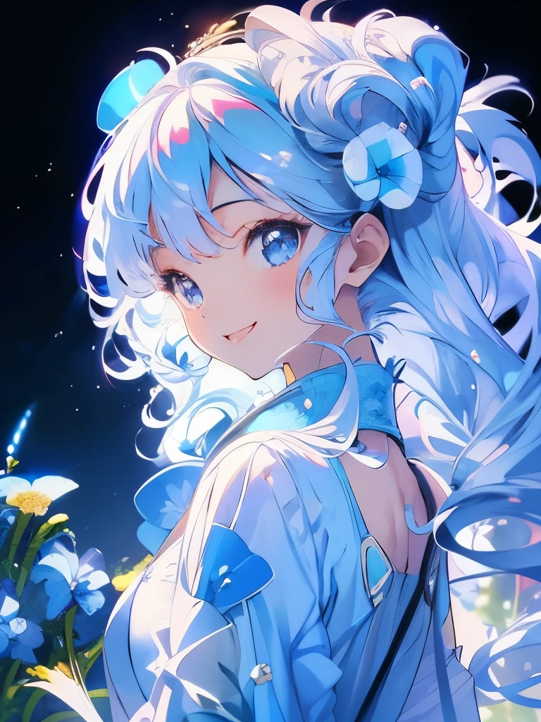 Masterpiece、smile、Anime Girls、White Hair、Long Hair、可愛いAnime Girls、smile、(((Nemophila)))、たくさんのNemophila、Upper Body、Fractal Art、Gwaiz、Pool、garden