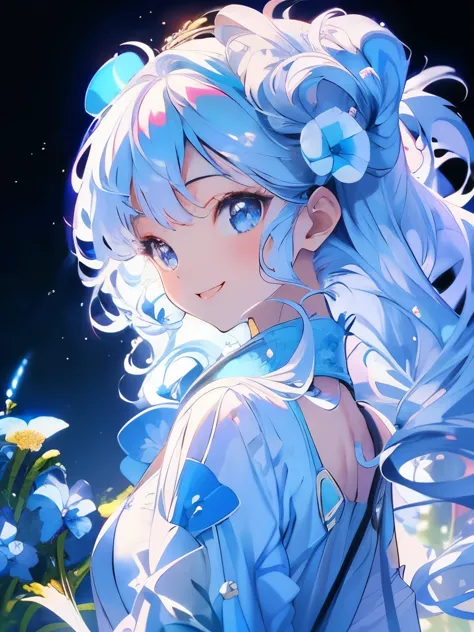 masterpiece、smile、anime girls、white hair、long hair、可愛いanime girls、smile、(((nemophila)))、たくさんのnemophila、upper body、fractal art、gw...