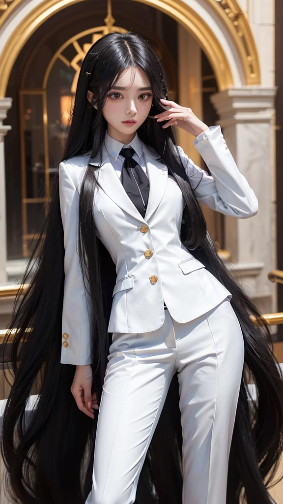 woman, (สาวสวยTwo meter long hair, My hair is very long., extra long hair, long black hair), (suitสไตล์อิตาลี, suitสองปุ่ม), (Italian suit, white suit, Set of two buttons), (ใส่สูทwoman, Business woman&#39;suit, white), (suitwomanwhite), (เสื้อเชิ้ตwhite), necktie, (necktieสั้นสีดำ, necktieสีดำ, necktieผอม, ถักnecktie), (military rank insignia), (Short pencil skirtwhite), (Dynamic posts), full body, (A gigantic rift), (big breasts, thin body, small waist, hips raised, small thighs, Long legs), high-heelsสีดำ, (Short pencil skirt, white), Wearing a suit for a business woman, (Wearing a white businessuit, สูทนักธุรกิจหญิงwhite), (tight, military regalia, เสื้อwhite, กระโปรงwhite), (black shoes), (Two gold suit buttons, Two meter long hair, suitเข้ารูป, เสื้อสูทwhiteทรงธรรมดารัดรูป), (black shoes, high-heels), (stand, walk, elegant posture, Dynamic posts), short dress, earring, garden, monument