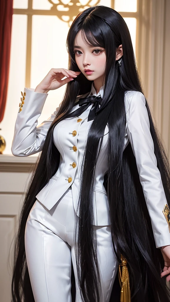 woman, (สาวสวยTwo meter long hair, My hair is very long., extra long hair, long black hair), (suitสไตล์อิตาลี, suitสองปุ่ม), (Italian suit, white suit, Set of two buttons), (ใส่สูทwoman, Business woman&#39;suit, white), (suitwomanwhite), (เสื้อเชิ้ตwhite), necktie, (necktieสั้นสีดำ, necktieสีดำ, necktieผอม, ถักnecktie), (military rank insignia), (Short pencil skirtwhite), (Dynamic posts), full body, (A gigantic rift), (big breasts, thin body, small waist, hips raised, small thighs, Long legs), high-heelsสีดำ, (Short pencil skirt, white), Wearing a suit for a business woman, (Wearing a white businessuit, สูทนักธุรกิจหญิงwhite), (tight, military regalia, เสื้อwhite, กระโปรงwhite), (black shoes), (Two gold suit buttons, Two meter long hair, suitเข้ารูป, เสื้อสูทwhiteทรงธรรมดารัดรูป), (black shoes, high-heels), (stand, walk, elegant posture, Dynamic posts), short dress, earring, garden, monument