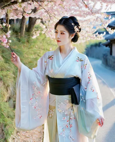beautiful、(A geisha stands gracefully under a cherry blossom,Cherry Blossom Festival Oiran, Red cherry blossom petals next々And t...