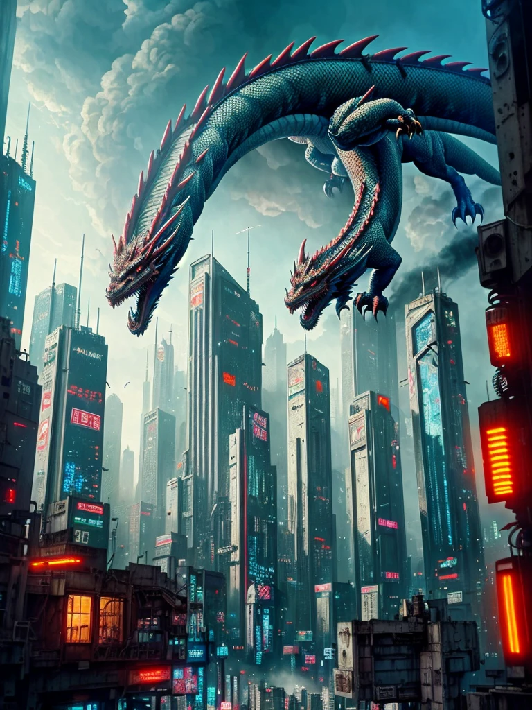 A realistic mechanical dragon destroys the city, dystopia, end of the century, future city, cyberpunk, steampunk, 8k, HD, detailed,