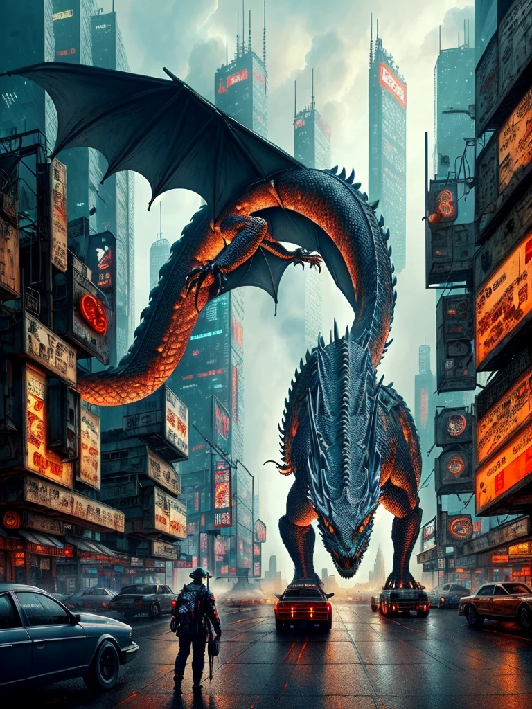 A realistic mechanical dragon destroys the city, dystopia, end of the century, future city, cyberpunk, steampunk, 8k, HD, detailed,