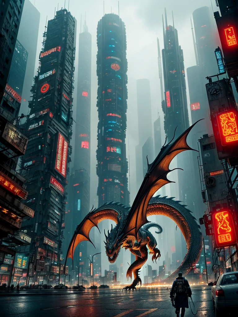 A realistic mechanical dragon destroys the city, dystopia, end of the century, future city, cyberpunk, steampunk, 8k, HD, detailed,