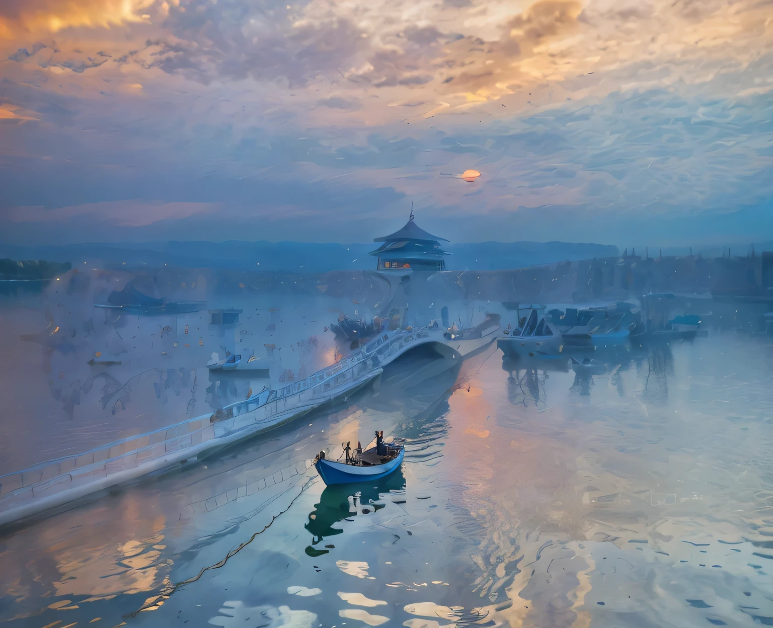 Long exposure photography，Award-winning photography，Practical，In waters with boats，Sunset, ，stunning lighting, Abstract， Claude Monet，Abstract，photography，high quality，blue，orange，Sunset，Beautiful scenery，photo，photoPractical