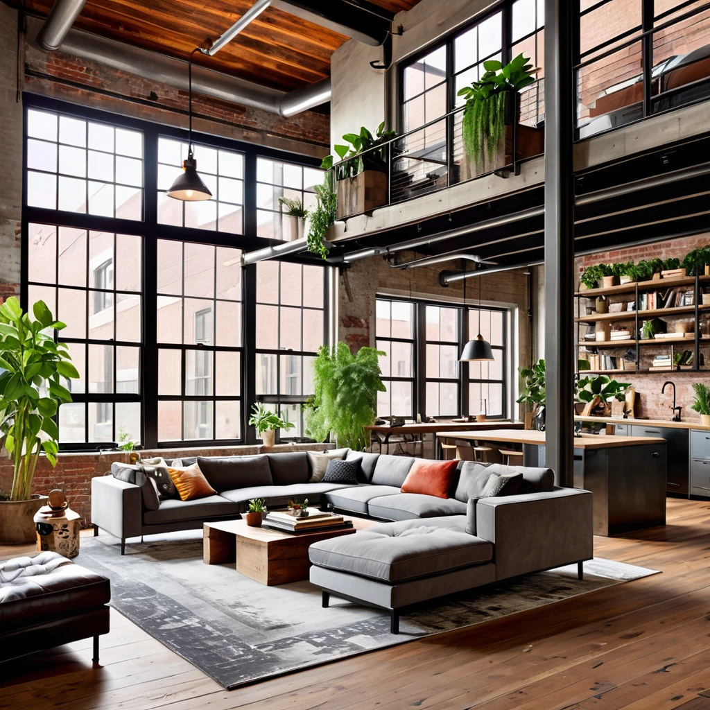 Diseñe un loft industrial acogedor y ecléctico que combine el confort moderno con el encanto rústico.. El espacio de planta abierta cuenta con amplias ventanas para entrada de luz natural., conductos expuestos, y una mezcla de materiales crudos y pulidos. El salón incluye un cómodo sofá gris., una mesa de centro minimalista, y un espacio de trabajo con escritorio y computadora portátil. Decora el espacio con una variedad de plantas de interior., tanto grandes como pequeños, para agregar verdor y frescura. La decoración debe incluir elementos eclécticos como arte enmarcado., accesorios de iluminación únicos, y diversos objetos decorativos que reflejan un toque personal y artístico.. Utilice una combinación de hormigón y madera para el suelo para equilibrar la sensación industrial y acogedora..