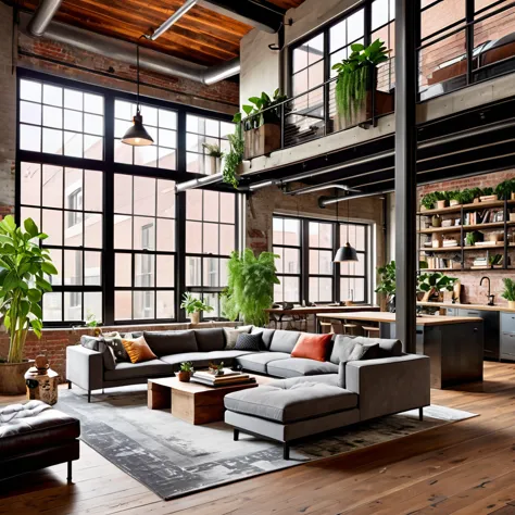 Design an inviting and eclectic industrial loft that combines modern comfort with rustic charm. The open-plan space features exp...
