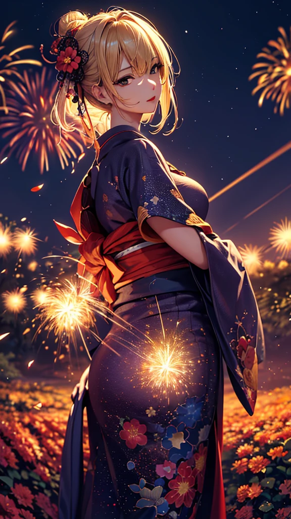 masterpiece, high quality, 4K, Beautiful design, silhouette，blonde， 非常に詳細な夜のStarry Sky,Flower Field， wonderful, Finer details,  Very knowledgeable woman, Highly detailed solo, 1 female,Big Breasts，Red color yukata，Night view，Starry Sky，Fireworks in the background，