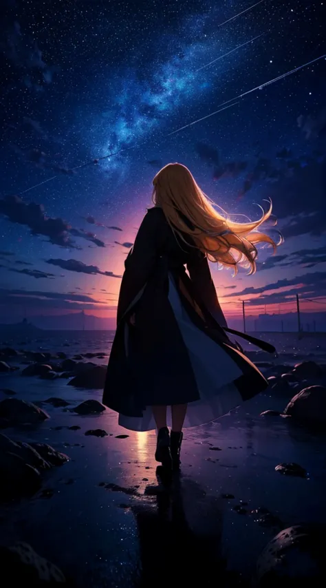 １people々々々々々々々々々々,blonde long-haired woman，long coat， dress silhouette， rear view，space sky, comet, anime style, 屋上からの市街地のrain夜景...