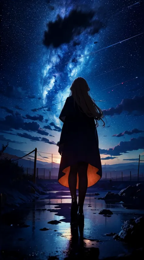 １people々々々々々々々々々々,blonde long-haired woman，long coat， dress silhouette， rear view，space sky, comet, anime style, 屋上からの市街地のrain夜景...