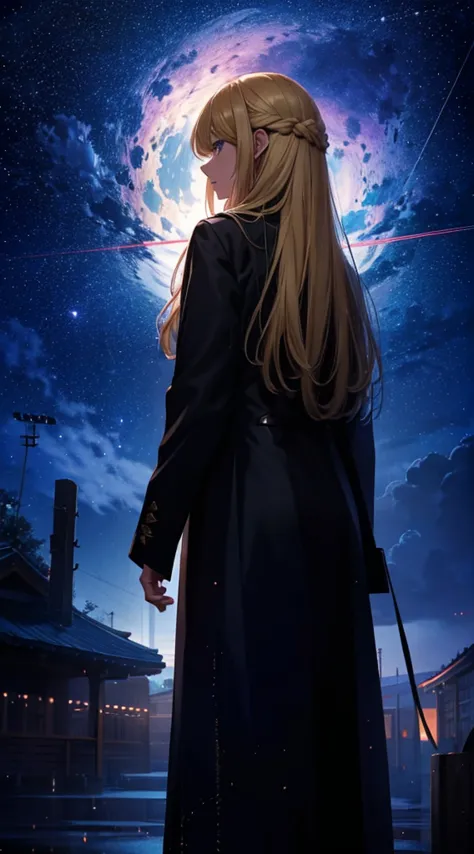 １people々々々々々々々々々々,blonde long-haired woman，long coat， dress silhouette， rear view，space sky, comet, anime style, 屋上からの市街地のrain夜景...