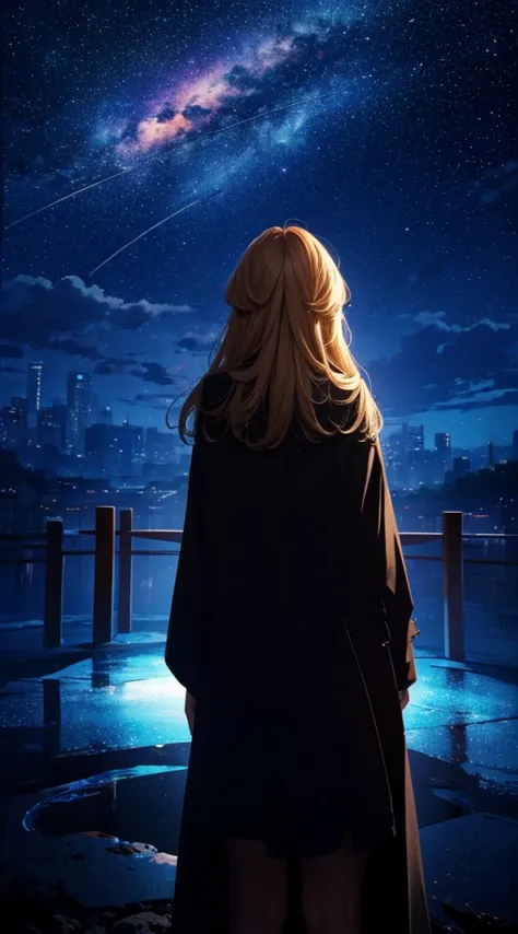 １people々々々々々々々々々々,blonde long-haired woman，long coat， dress silhouette， rear view，space sky, comet, anime style, 屋上からの市街地のrain夜景...