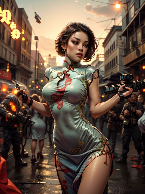 Young beautiful woman_Focused，Big breasts_Big Ass_Robot with long flowing hair((Tight cheongsam dress:1.9))，(Rapid Fire Assault Rifle:1.7)，(motion blur effect:1.5)，Chaos in the casino，crazy，destroy，(Best quality，4K，8K，high resolution，masterpiece:1.2)，Ultra Detailed，(reality，reality感，reality感:1.37)，Detailed facial features，Intricate clothing patterns，Striking pose，Dramatic lighting，Film composition，Vibrant colors，And the dystopian atmosphere，assault rifle