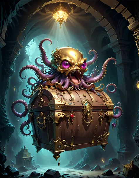 dungeons，floating in the air(monster disguised as a treasure chest), filled with jewels，1 eyes，one-eye，tongue，tentacles， sharp c...