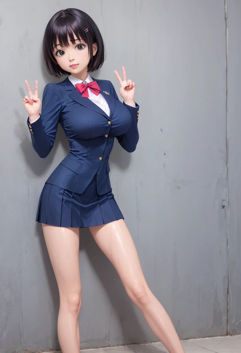 (masterpiece, best quality:1.2), Realistic, front shot, 1girl, kawaii, (super big breasts, micro waist, very long legs:1.3), Black hair, short bob hair, short height, scrawny and thin body, Light Skin, cute big eyes, cute thin face, Tight school blazer, miniskirt, pigeon-toed, wet and sweaty, big visible ribs, V sign, Trembling