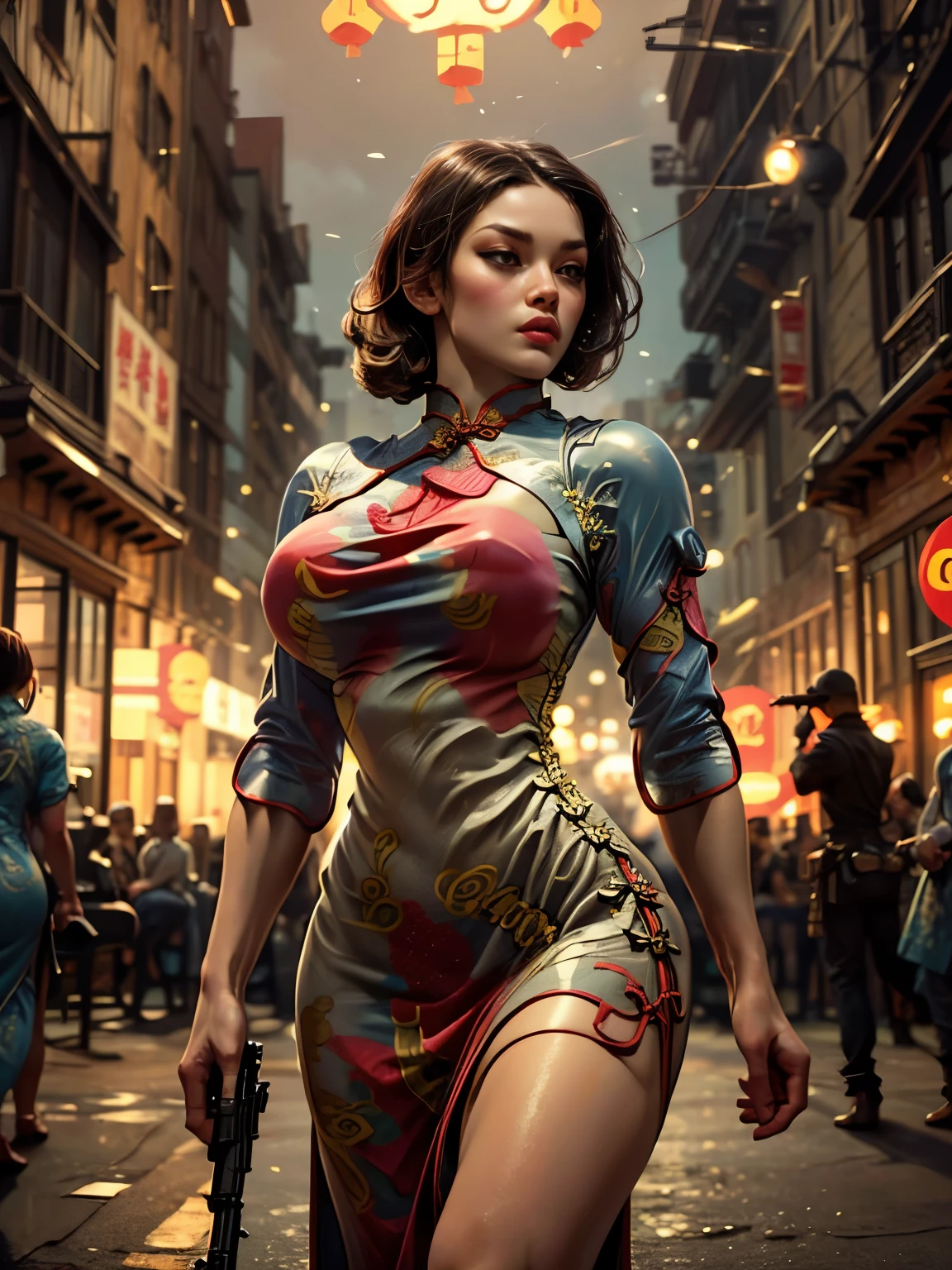 belle jeune femme_Concentré，Gros seins_gros cul_Robot aux cheveux longs et flottants((Robe cheongsam moulante:1.9))，(Fusil d&#39;assaut à tir rapide:1.7)，(Effet de flou de mouvement:1.5)，Chaos au casino，fou，détruire，(Meilleure qualité，4k，8k，haute résolution，chef-d&#39;œuvre:1.2)，ultra détaillé，(réalité，réalité感，réalité感:1.37)，traits du visage détaillés，Des modèles de vêtements complexes，pose frappante，Éclairage dramatique，composition du film，couleurs vives，Et l&#39;atmosphère dystopique，Fusil d&#39;assaut