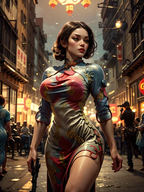 Young beautiful woman_Focused，Big breasts_Big Ass_Robot with long flowing hair((Tight cheongsam dress:1.9))，(Rapid Fire Assault ...