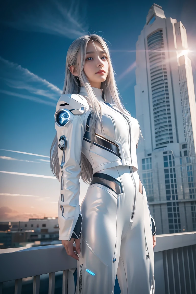 ((masterpiece, best quality, extremely detailed), volumetric lighting, ambient occlusion, colorful, glowing), 
1girl, solo, young girl, (silver hair), long hair, halo, aura, sacred, goddess, cyber suit, (white outfit:1.3), 
outdoors, sunset, sky, clouds, space, (cyberpunk theme:1.2),