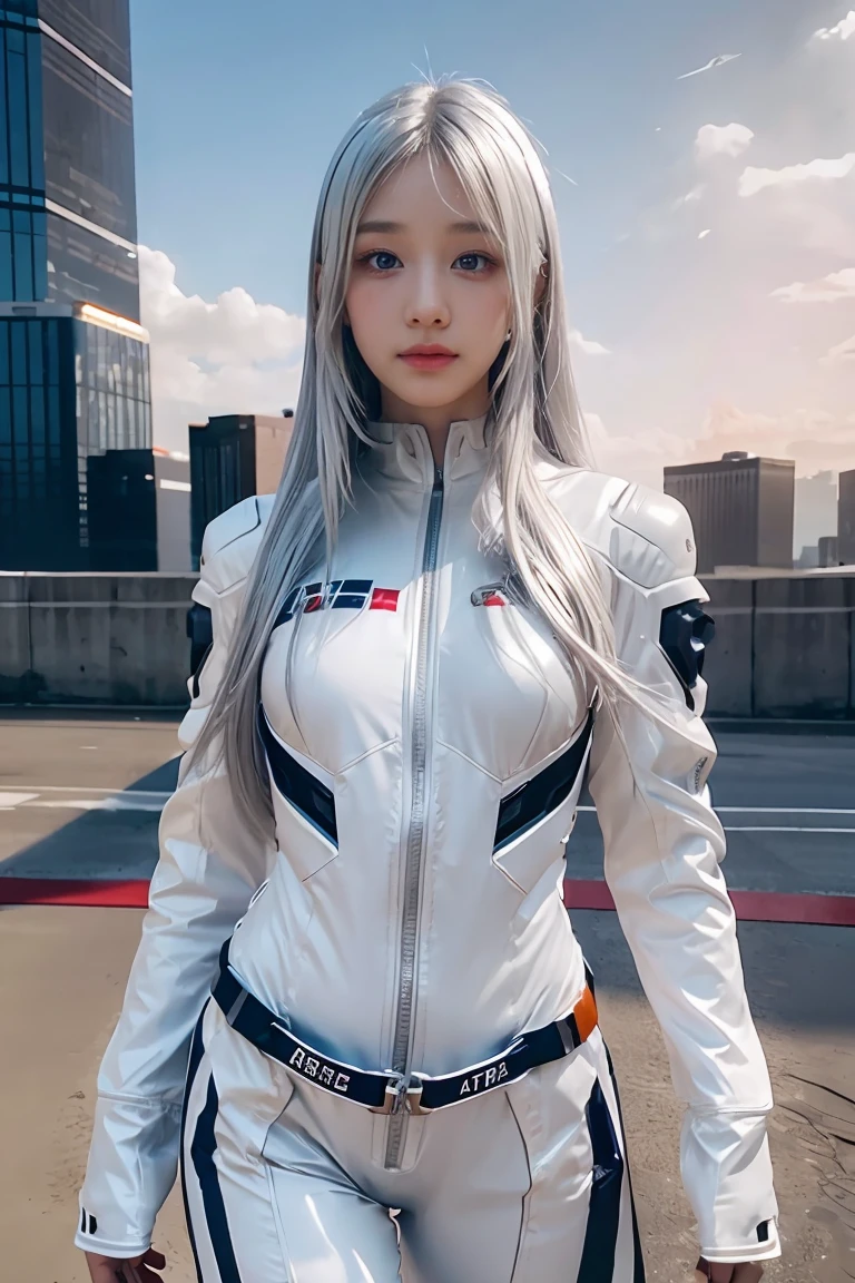 ((masterpiece, best quality, extremely detailed), volumetric lighting, ambient occlusion, colorful, glowing), 
1girl, solo, young girl, (silver hair), long hair, halo, aura, sacred, goddess, cyber suit, (white outfit:1.3), 
outdoors, sunset, sky, clouds, space, (cyberpunk theme:1.2),