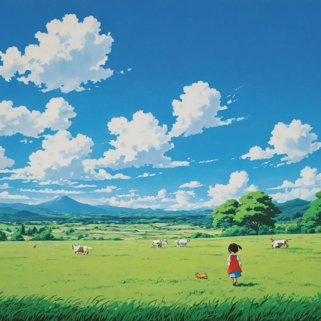 (Minimalismo:1.4), criança brincando no parque , arte do estúdio ghibli, Miyazaki, pasto com céu azul e nuvens brancas