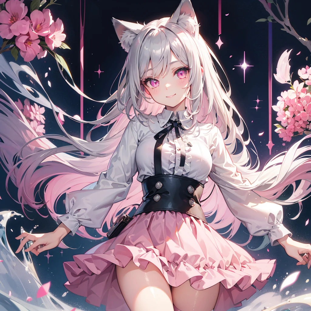 Highly detailed face,fine grain,Sparkling eyes,Highlighted eyes,Medium chest,pretty girl, smile,Longing eyes,Cat ear, Beautiful silver hair,Pink inside,Beautiful pink eyes,Oversized shirt,skirt