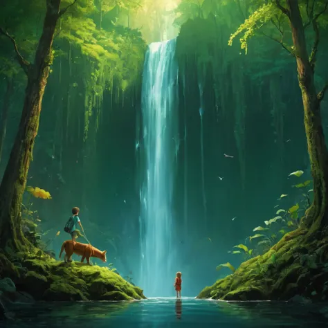(Minimalism:1.4), kid and pet, fantasy forest, waterfall 