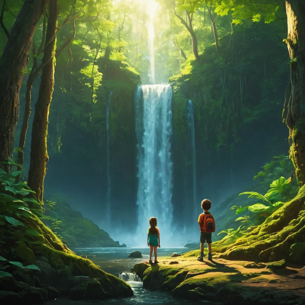 (Minimalism:1.4), focus on kid and pet, fantasy forest, waterfall 