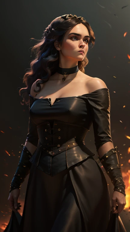 (Olivia Cooke face), realistic face, Generate an illustration of a young (Yennefer of Vengerberg), of Witcher 3, correct head to body proportion, hair combed to sides, layered haircut, de terno preto, long hair flows to her back, hair flows straight down, black hair, Ultrarealistic Violet eyes, both eyes are similar, (big round breasts), low-cut deep cleavage, Ultrarealistic juicy round butt, Ultrarealistic detailed hips, thick thighs, black Corset outfit in anime format with a serious style, ((black strapless dress)), Ruby black velvet choker, grey tights, black boots, gothic make up, masterpiece, ((dark lighting)), black background, puffy lips,slendered toned abs, beautiful face