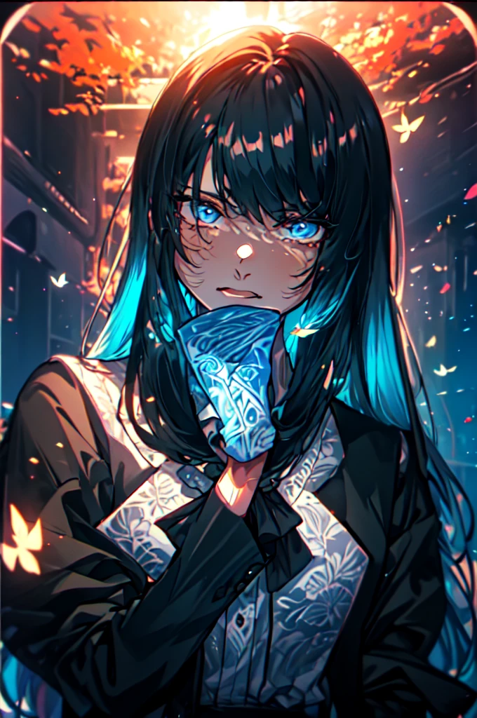 Beautiful hands, Beautiful dresasterpiece, (best quality:1.2), intricate details, ado, 1girl, multicolored hair, long hair, collared shirt, jacket, bangs, long sleeves, blue flower, (mature female:1.2), Ado, (dark blue hair, light blue inner), extra long hair, straight hair, blue eyes, slanted eyes, white inner shirt, (long black jacket, long black pants),  (masterpiece, best quality:1.2), intricate details, ado, 1girl, multicolored hair, long hair, collared shirt, bangs, long sleeves, blue flower, (mature female:1.2), Stars and comets pass by in the open sky, Beautiful Clouds, A tree with glowing fireflies and butterflies々, (Ultra-realistic), {Highly detailed CG unit 8k wallpaper}, Vast landscape photography, (View from below with a panoramic view of the sky, vast open field vision), (Low angle shot), (Light: 1.5), (warm Light source: 1.2), Intricate details, (Rainbow colors: 1.2), (bright Lighting), (atimospheric Lighting), dream-like, Magic, fairy tale