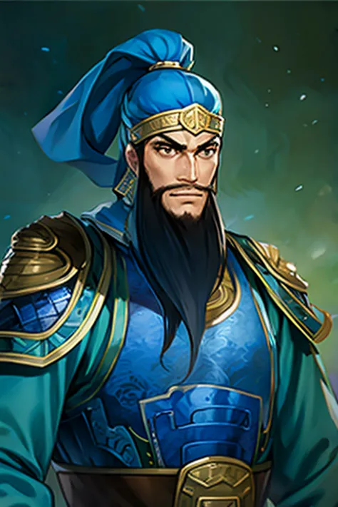 guanyu, beard, hat ,blue armorl, shoulder armor, chinese clothes