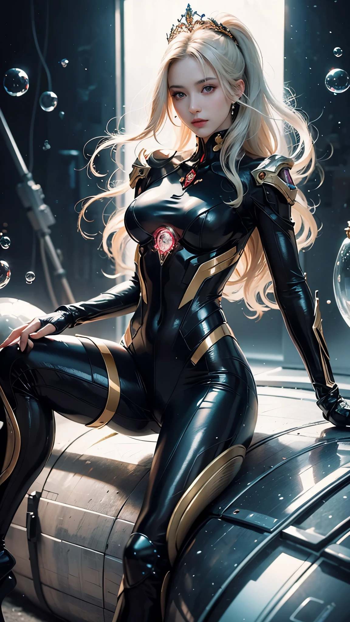 Long white hair flowing，Beautiful woman with elegant temperament，（Sitting alone in a universe capsule：1.5），surreal，Neon Genesis Evangelion Mecha Suit，Sci-fi style beauty，cyberpunk machine，The image is highly detailed，Clever composition，flawless skin，Sparkling details and elegant poses，Warm tones，Abstract zentangle element，32k（masterpiece，HD，Ultra HD，32k）Balls head curly hair，flowing bubble，universe，bloom， Asian Beauty （Colorful bubbles）， Fighting Stance， Looking at the ground，crystal tiara， Chinese long-sleeved black and gold dress， bubble（realistically：1.4），High resolution， detail， RAW photos，Rich colors, Ultra-realistic textures,，dramatic lighting，