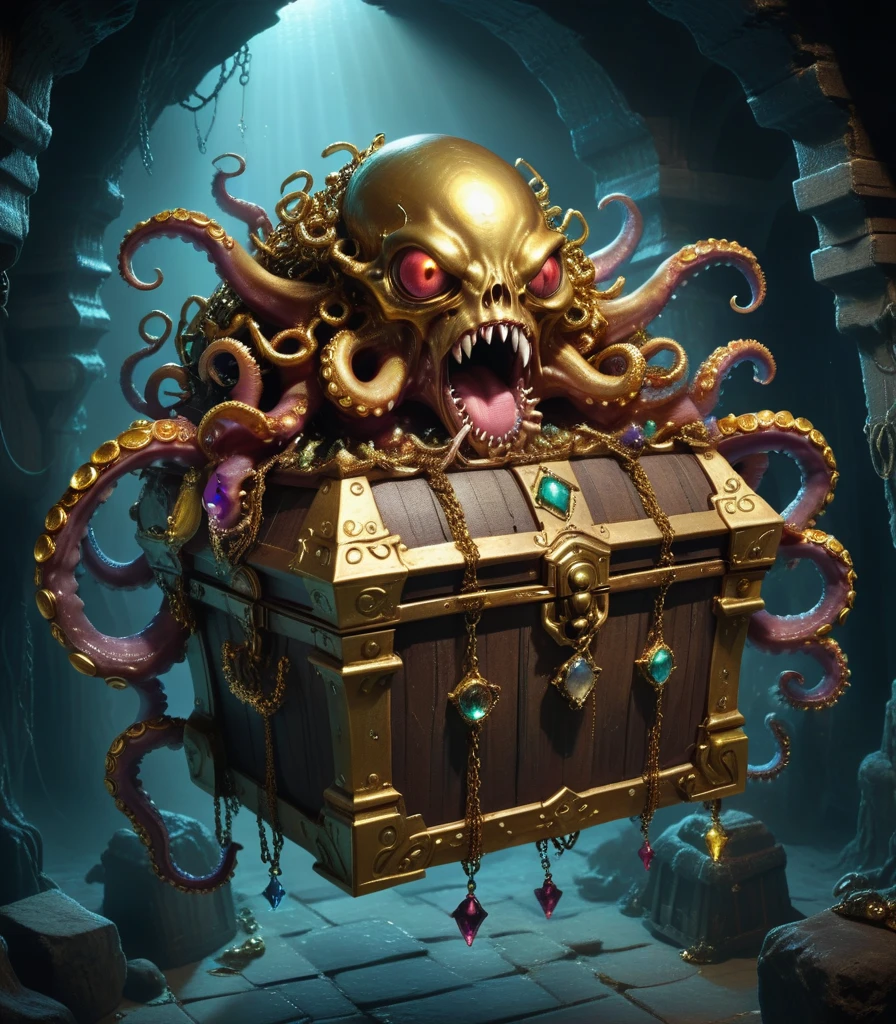 Dungeons，Floating in the air(Monster disguised as a treasure chest), Filled with jewels，1 eyes，One-Eye，Tongue，Tentacles， sharp claws and teeth, Very detailed, Complex design, Gorgeous gold embellishment, ,Ominous Presence, fantasy, Dark gloomy lights, Composition, Dramatic shadows, Rich colors, number, Concept Art, The award-winning，Luminescence example，Ray Tracing，Devout worshippers，