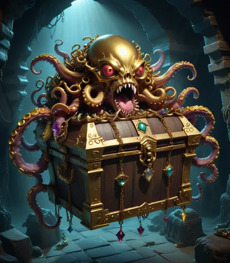 Dungeons，Floating in the air(Monster disguised as a treasure chest), Filled with jewels，1 eyes，One-Eye，Tongue，Tentacles， sharp c...