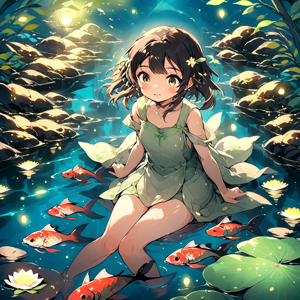 Illustration of a girl sitting in a pond surrounded by koi carp, fireflies and a heron