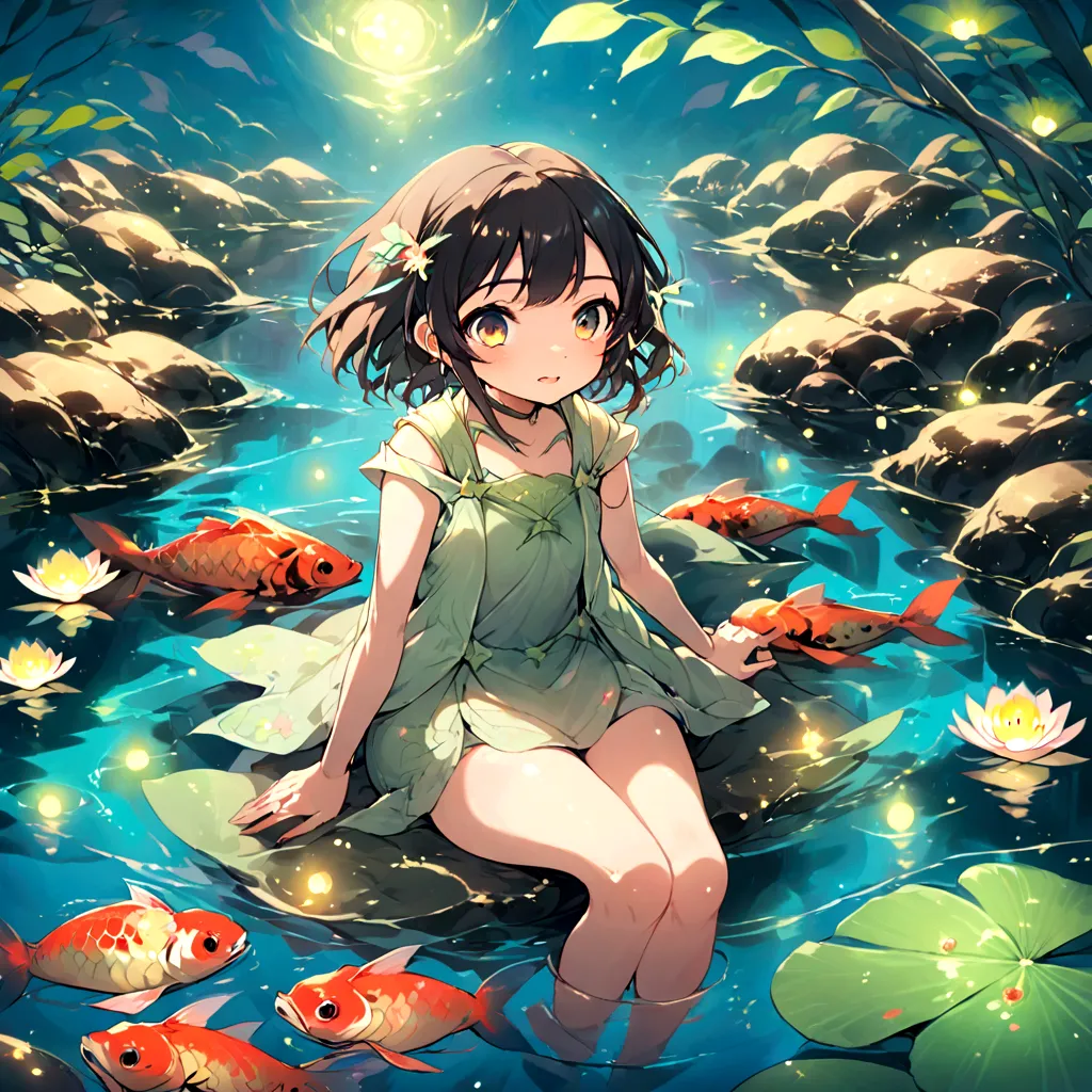 Illustration of a girl sitting in a pond surrounded by koi carp, fireflies and a heron
