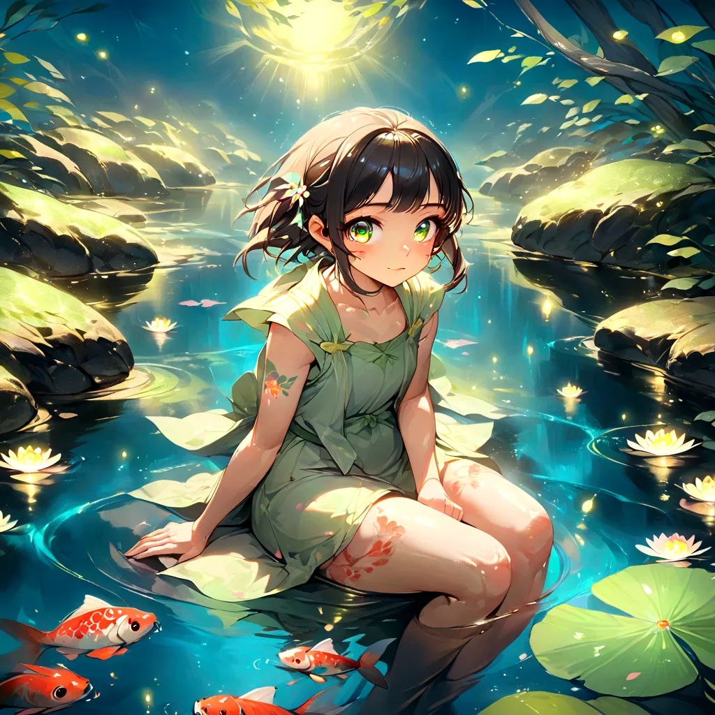 a beautiful girl sitting in a pond, surrounded by koi carp, fireflies, and a heron, detailed portrait, extremely detailed eyes a...