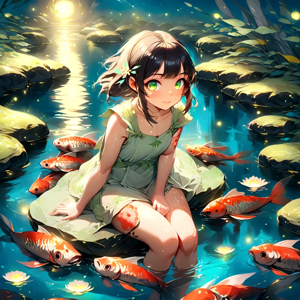 a beautiful girl sitting in a pond, surrounded by koi carp, fireflies, and a heron, detailed portrait, extremely detailed eyes a...
