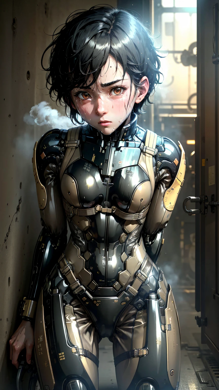 Highest quality　8k Mechanical Suit Girl　Elementary school girl　Sweaty face　cute　Boyish short hair　Steam coming out of my head　My hair is wet with sweat　Black Hair　Broken and unable to move　　Lying down　Soaked Face