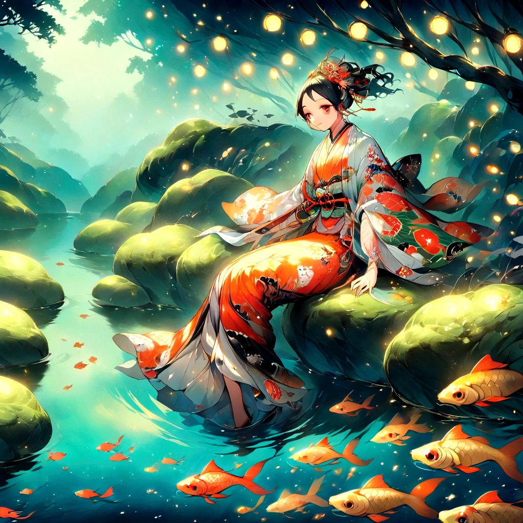 Illustration of a girl sitting in a pond surrounded by koi carp, fireflies and a heron