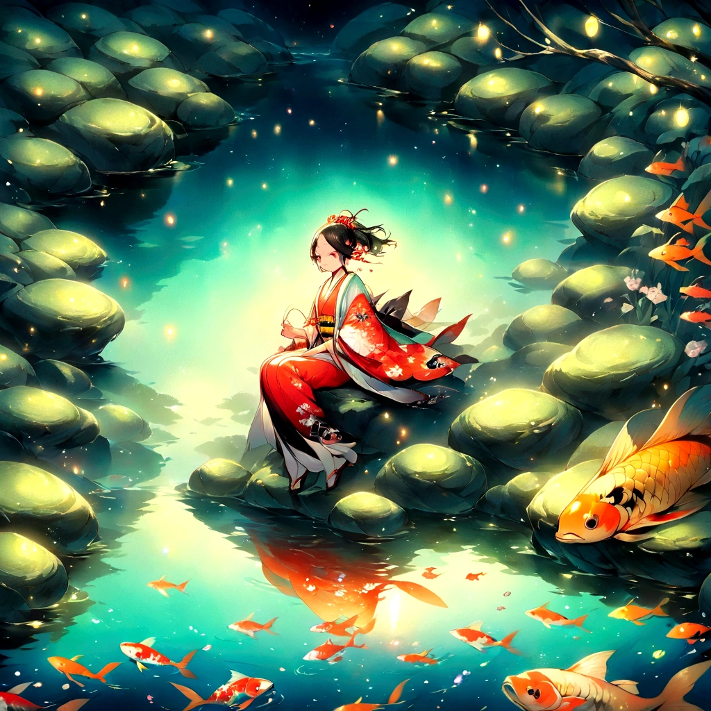 Ilustração de uma garota sentada em um lago cercada por carpas koi, vaga-lumes e uma garça