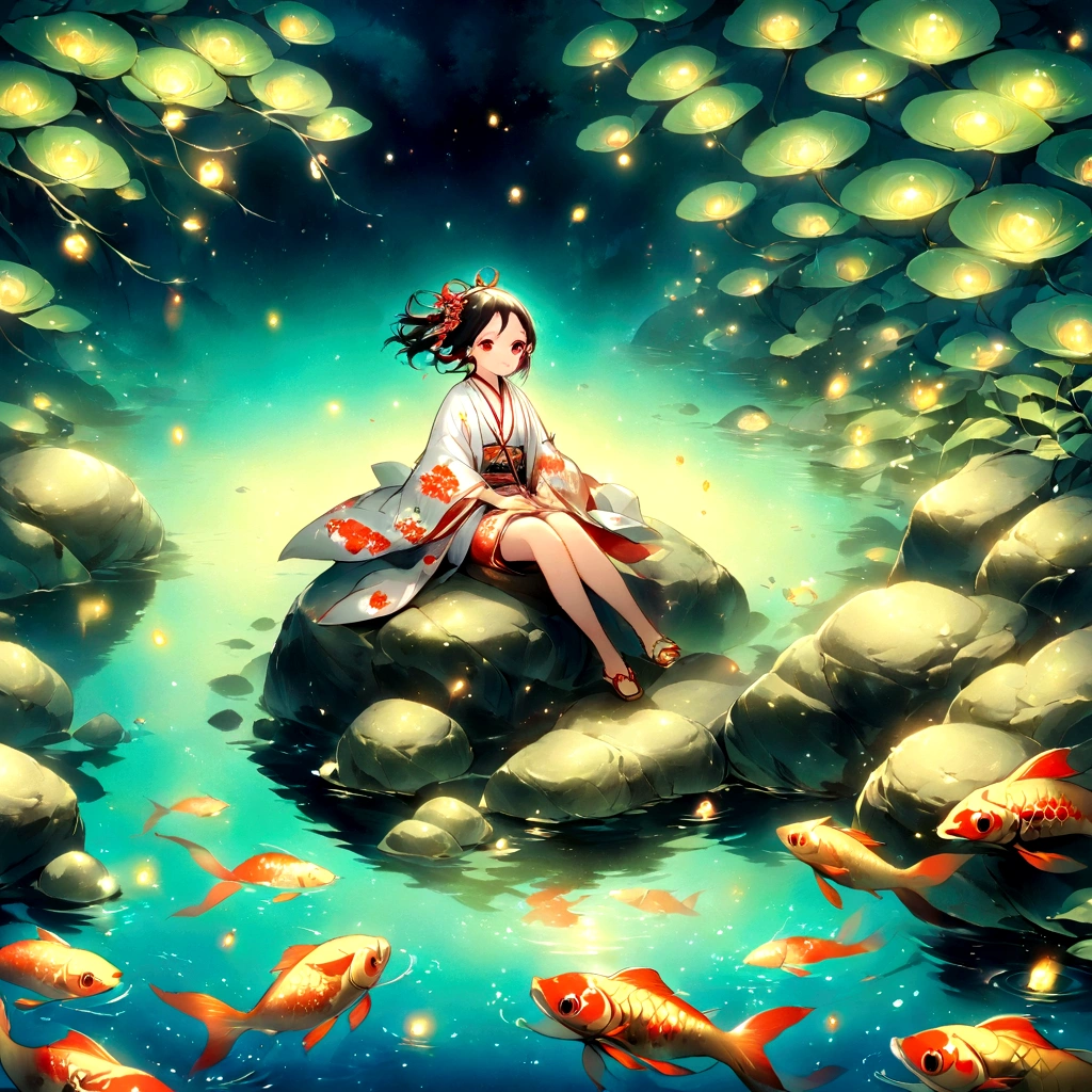 Illustration of a girl sitting in a pond surrounded by koi carp, fireflies and a heron