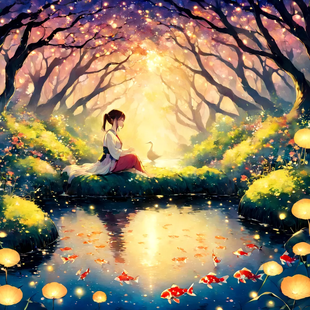 Illustration of a girl sitting in a pond surrounded by koi carp, fireflies and a heron