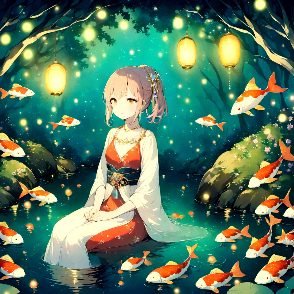 ภาพประกอบของเด็กผู้หญิงนั่งอยู่ในสระน้ำที่ล้อมรอบด้วยปลาคาร์ป, หิ่งห้อยและนกกระสา