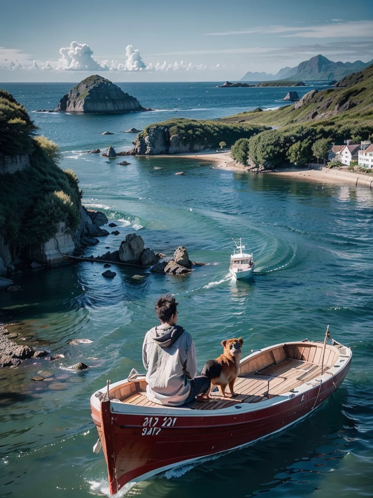 Um navio em mar aberto、Vasos de madeira、No navio estava um jovem de armadura, um cachorro, um macaco, e um faisão.、Vista da ilha da parte de trás do barco、Um pouco mais à frente está a ilha onde vivem os demônios.、Há um demônio vivendo na ilha,Fotos RAW,Resolução muito alta、fotos realistas